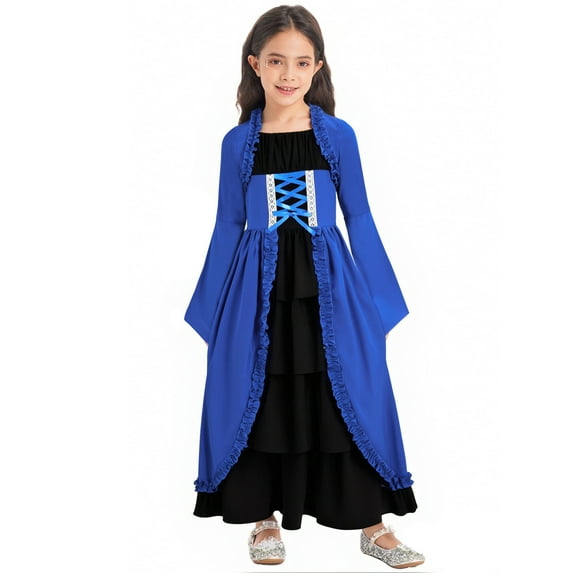 iiniim Big Girls Medieval Princess Dress Renaissance Gothic Vampire Queen Bell Long Sleeve Party Gown Royal Blue 8