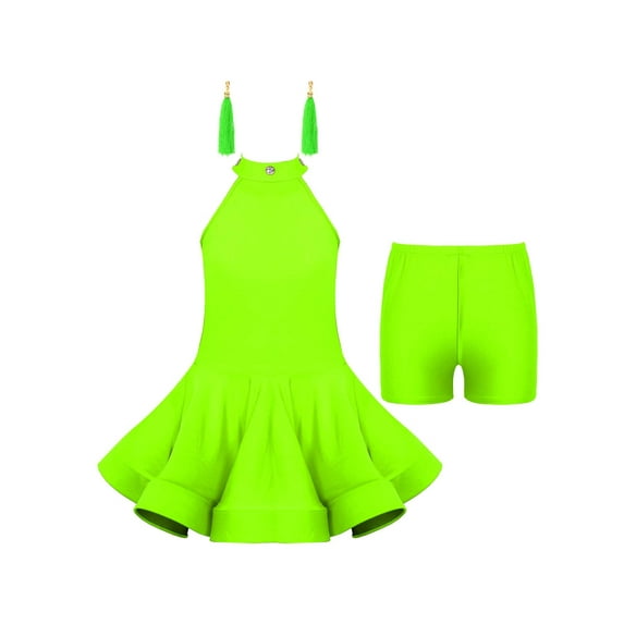 iiniim Big Kids Girls Rumba Samba Latin Dance Stage Performance Outfits Ruffle Hem Dress