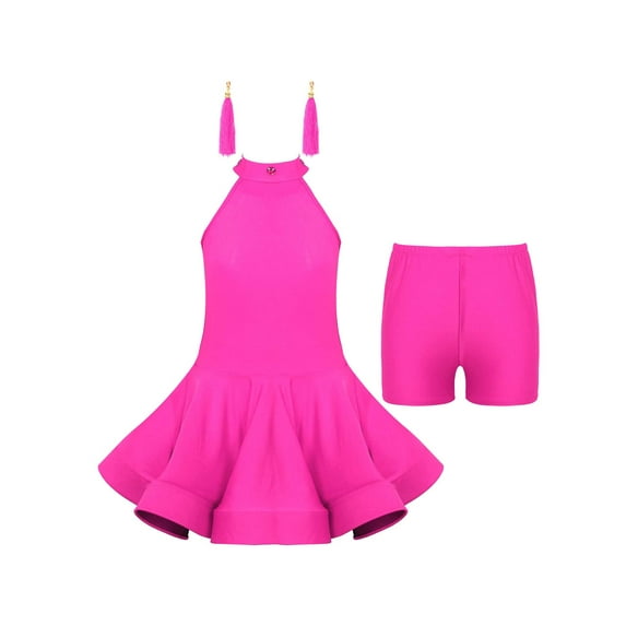 iiniim Big Kids Girls Rumba Samba Latin Dance Stage Performance Outfits Ruffle Hem Dress