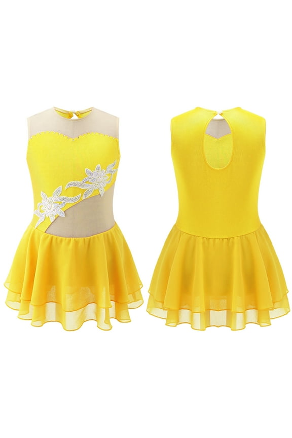 Big Kids Girls Sleeveless Shiny Rhinestone Figure Ice Skating Dress Ballerina Gym Leotard Dancewear Costume