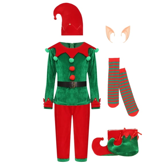 iiniim Boys Christmas Elf Santa Helper Outfit Long Sleeve Shirt Top with Pants Accessories Green 5-6