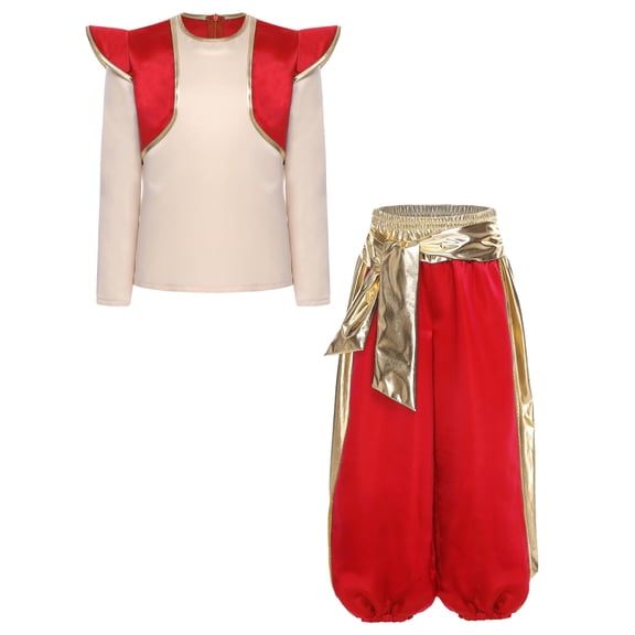 iiniim Boys Cosplay Arabian Prince outfits Long Sleeve Fake 2-piece Shirt Top with Pants Red 10