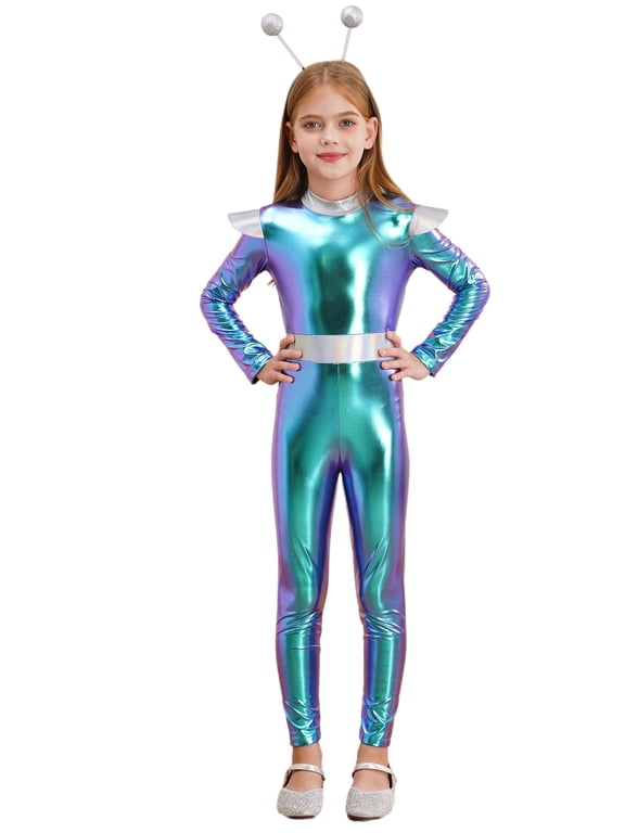 Boys Girls Alien Robot Halloween Galaxy Theme Party Shiny Metallic Jumpsuit with Hair Hoop Blue 10