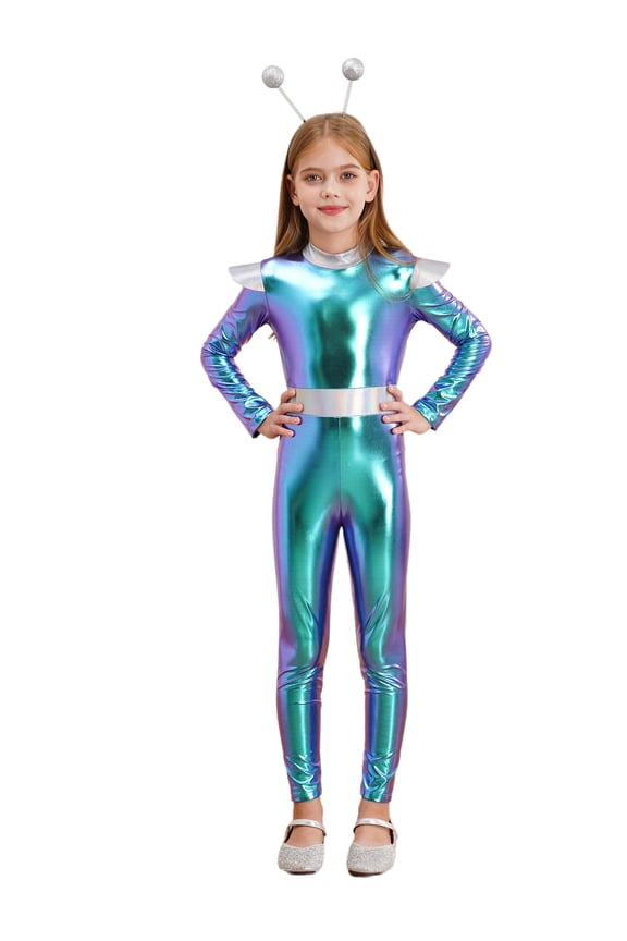 Boys Girls Alien Robot Halloween Galaxy Theme Party Shiny Metallic Jumpsuit with Hair Hoop Blue 8