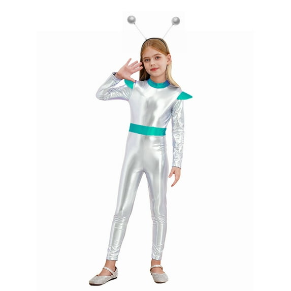 iiniim Boys Girls Alien Robot Halloween Galaxy Theme Party Shiny Metallic Jumpsuit with Hair Hoop Silver 12