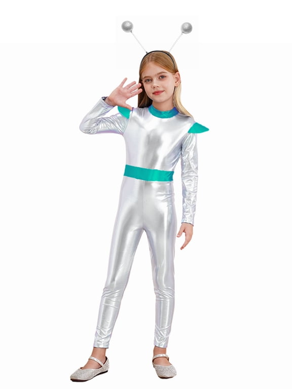 Boys Girls Alien Robot Halloween Galaxy Theme Party Shiny Metallic Jumpsuit with Hair Hoop Silver 6
