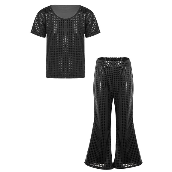 iiniim Boys Girls Hip Hop Jazz Disco Performance Dance Costume Sequins Short Sleeve T-Shirt Tops with Black 110