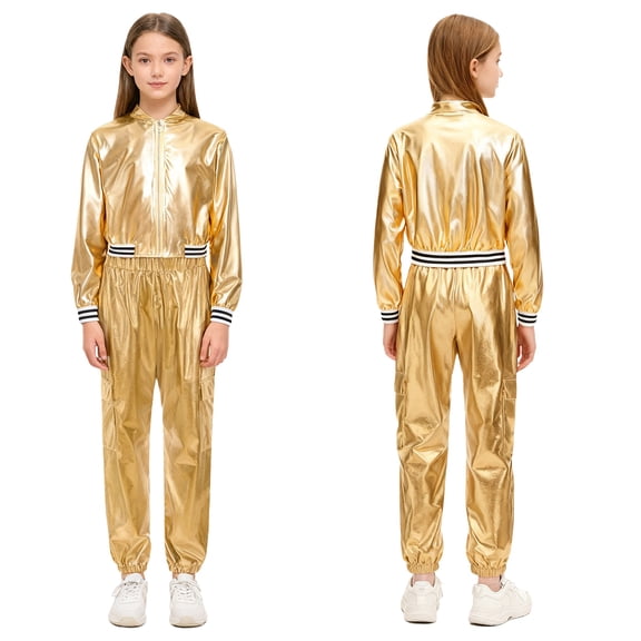 iiniim Boys Girls Hip Hop Modern Dance Outfit Shiny Metallic Long Sleeve Jacket and Pants Set Tracksuit Gold 14