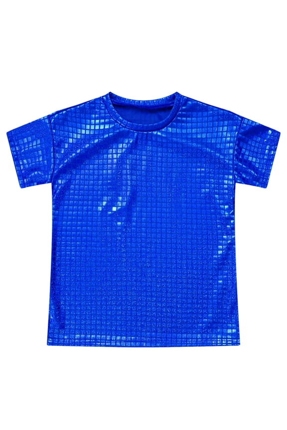 Boys Girls Metallic Shiny Dance Tops Short Sleeve T-Shirt Shirts Jazz Hip Hop Disco Party Dancewear Blue 100