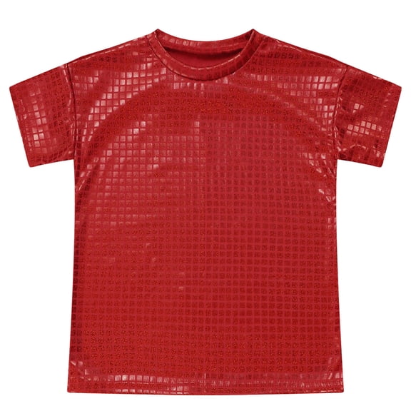 iiniim Boys Girls Metallic Shiny Dance Tops Short Sleeve T-Shirt Shirts Jazz Hip Hop Disco Party Dancewear Red 120