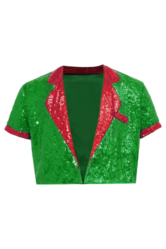 Boys Girls Shiny Sequins Christmas Santa Elf Coat Latin Jazz Disco Dance Crop Top for Stage Performance Green 6