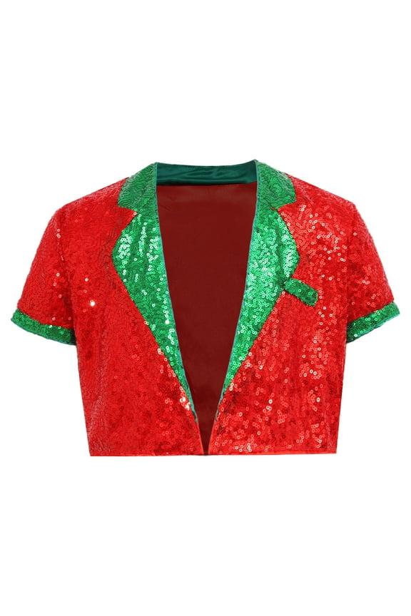 Boys Girls Shiny Sequins Christmas Santa Elf Coat Latin Jazz Disco Dance Crop Top for Stage Performance Red 16