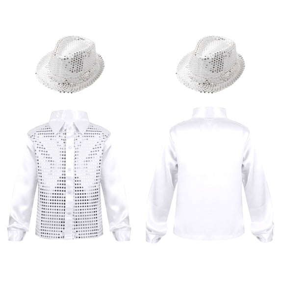 iiniim Boys Girls Shiny Sequins Long Sleeve Shirt Jazz Latin Dance Disco Party with Hat Set A White 4-5