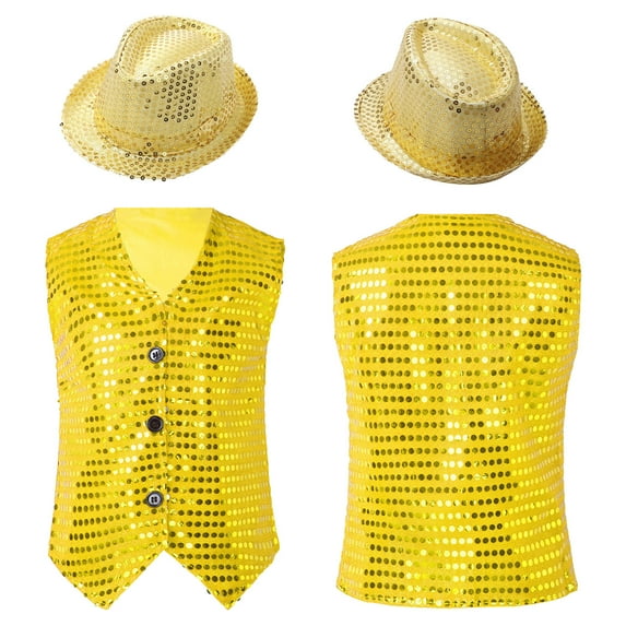 iiniim Boys Girls Sleeveless V Neck Sequins Vest Hip Hop Jazz Modern Dance Performance Jacket with Hat A Yellow 11-12