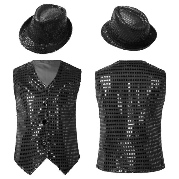 iiniim Boys Girls Sleeveless V Neck Sequins Vest Hip Hop Jazz Modern Dance Performance Jacket with Hat Black 13-14
