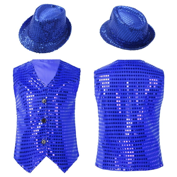 iiniim Boys Girls Sleeveless V Neck Sequins Vest Hip Hop Jazz Modern Dance Performance Jacket with Hat Blue 2-3
