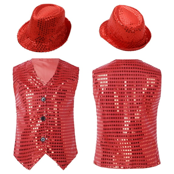 iiniim Boys Girls Sleeveless V Neck Sequins Vest Hip Hop Jazz Modern Dance Performance Jacket with Hat Red 15-16