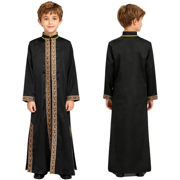 iiniim Boys Gold Embroidery Thobe Long Sleeve Zipper Kaftan Robe Prayer Clothes Black 16