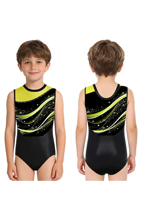 Boys Gymnastics Leotard Sleeveless Figure Skating Training Stretchy Fabric Junior Sport Print Bodysuit Fluorescent Yellow 6