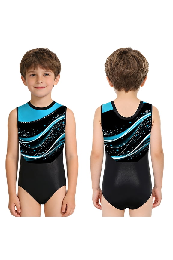 Boys Gymnastics Leotard Sleeveless Figure Skating Training Stretchy Fabric Junior Sport Print Bodysuit Light Blue 8