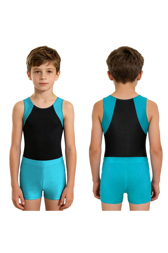 Boys Gymnastics Leotard Sleeveless Training Unitard Jumpsuit with Shorts Sets 6-16 Blue Green 6