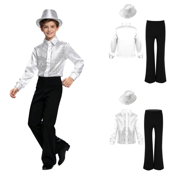 iiniim Boys Jazz Dance Performance Outfit Long Sleeve Glittery Sequin Shirt with Elastic Waistband Pants and Sequined Hat White 8