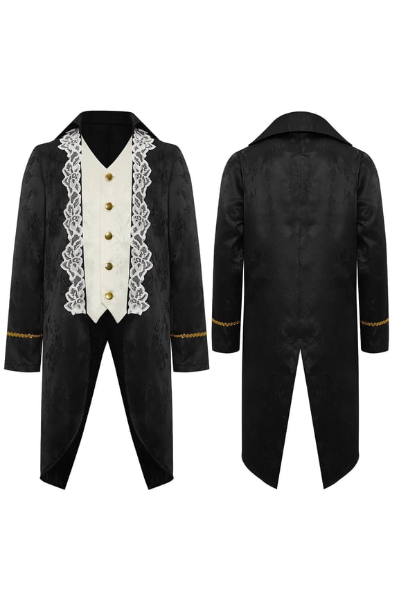 Boys Medieval Victorian Steampunk Jacket Renaissance Long Sleeve Embroidery Tailcoat Black 16