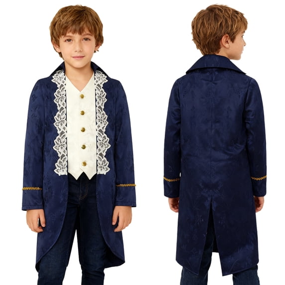 iiniim Boys Medieval Victorian Steampunk Jacket Renaissance Long Sleeve Embroidery Tailcoat Navy Blue 12