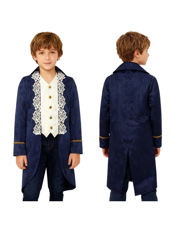Boys Medieval Victorian Steampunk Jacket Renaissance Long Sleeve Embroidery Tailcoat Navy Blue 6