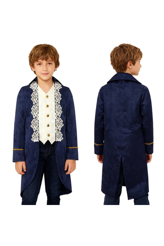 Boys Medieval Victorian Steampunk Jacket Renaissance Long Sleeve Embroidery Tailcoat Navy Blue 6