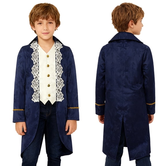 iiniim Boys Medieval Victorian Steampunk Jacket Renaissance Long Sleeve Embroidery Tailcoat Navy Blue 8