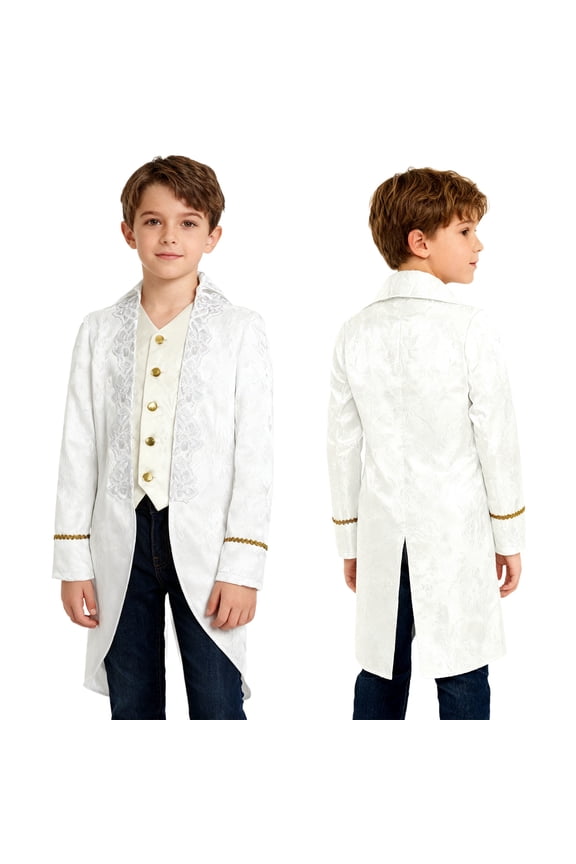 Boys Medieval Victorian Steampunk Jacket Renaissance Long Sleeve Embroidery Tailcoat White 12