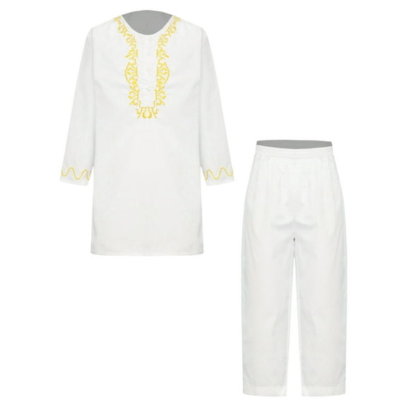 iiniim Boys Muslim Clothing Kaftan Middle East Youth Embroidered Top with Pants Suit Arabic Wear White 100