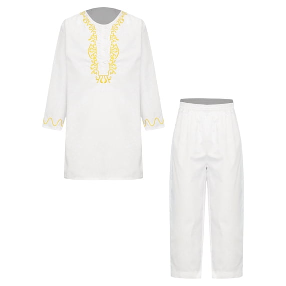 iiniim Boys Muslim Clothing Kaftan Middle East Youth Embroidered Top with Pants Suit Arabic Wear White 100