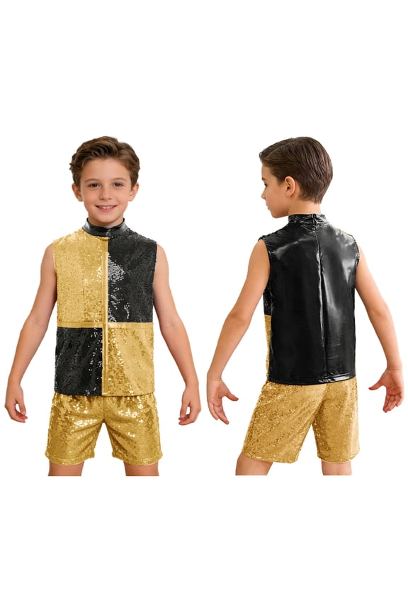 Boys Sequin Street Jazz Disco Hip Hop Dance Outfit Color Block Vest Top with Shorts Set Party Dancewear Gold 16
