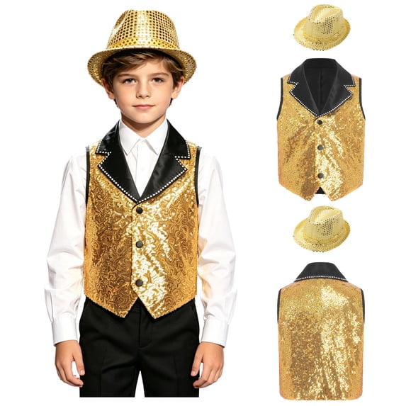iiniim Boys Show Outfit Sequin Vest Hat Set For Dance Party Themed Celebration Gear Performance Top Gold 14