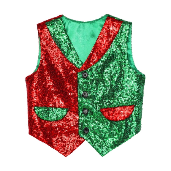 iiniim Boys Sparkly Sequins Christmas Santa Elf Vest Waistcoat Jacket Sleeveless Latin Jazz Disco Dance Costume Red&Green 4