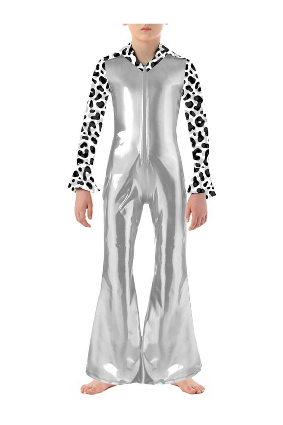 Boys Vintage 70s Dancewear Shiny Long Sleeve Zip Up Bell Bottom Jumpsuit Overalls Silver 10