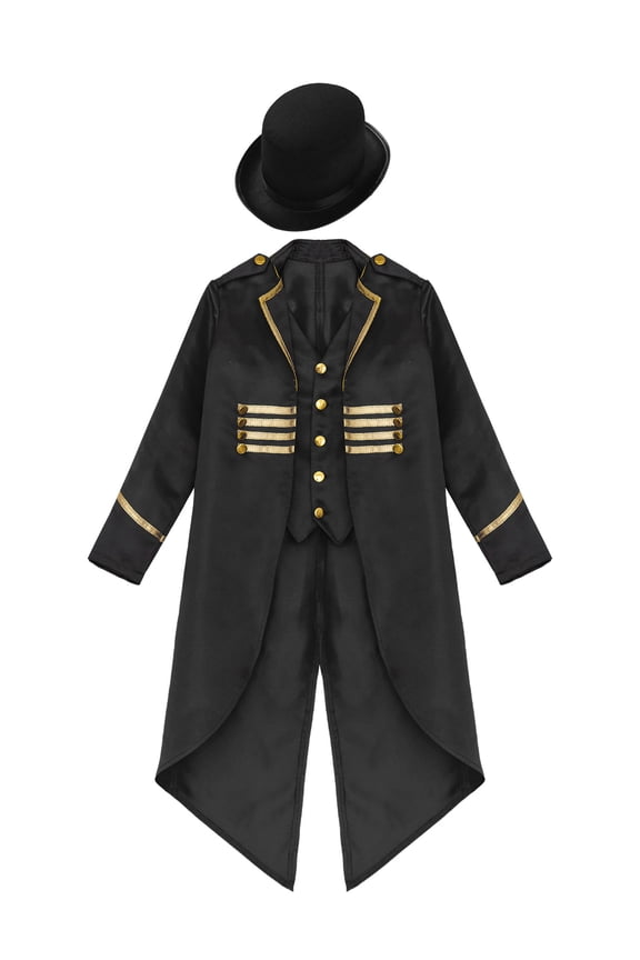 Boys Vintage Medieval Steampunk Tailcoat Jacket Gothic Victorian Renaissance Frock Coat with Hat Black 6