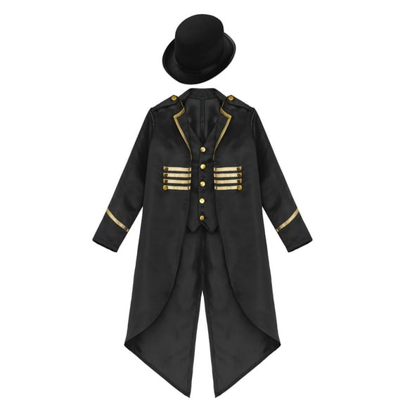 iiniim Boys Vintage Medieval Steampunk Tailcoat Jacket Gothic Victorian Renaissance Frock Coat with Hat Black 8