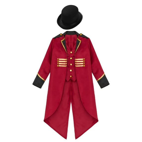 iiniim Boys Vintage Medieval Steampunk Tailcoat Jacket Gothic Victorian Renaissance Frock Coat with Hat Burgundy 14