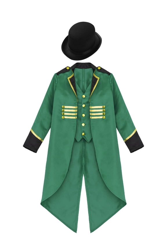 Boys Vintage Medieval Steampunk Tailcoat Jacket Gothic Victorian Renaissance Frock Coat with Hat Green 6