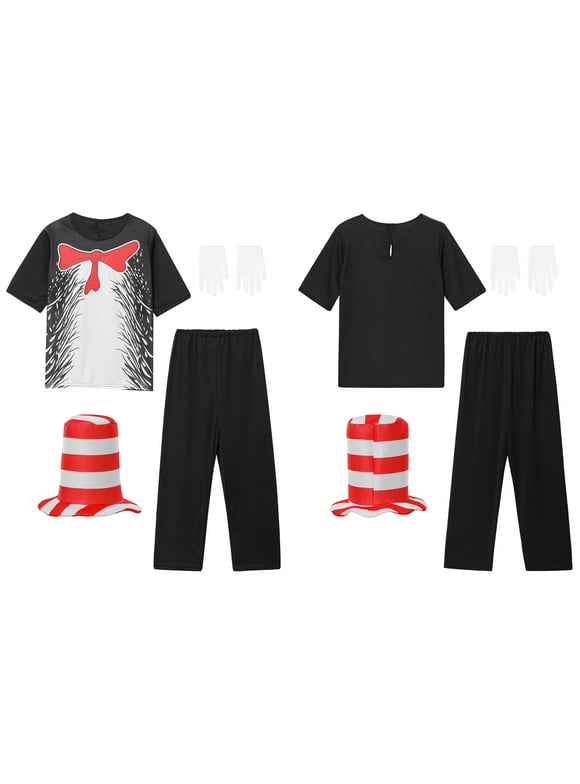 iiniim Cat in the Hat Costume Kids Dress Up for Boys Girls Halloween School Day Cosplay Outfits A Black A 8-10