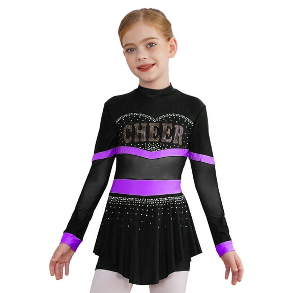 iiniim Cheer Leader Costume for Girls Long Sleeve Rhinestone Cheerleading Dress Halloween Cosplay Purple 12