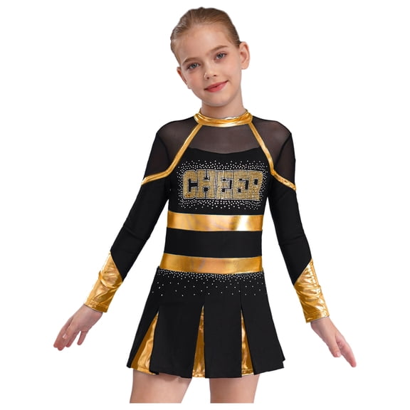 iiniim Kids Girls CheerLeading Sequins Long Sleeve Color Block Zipper Back Cheering Dancing Dress Black&Gold 8