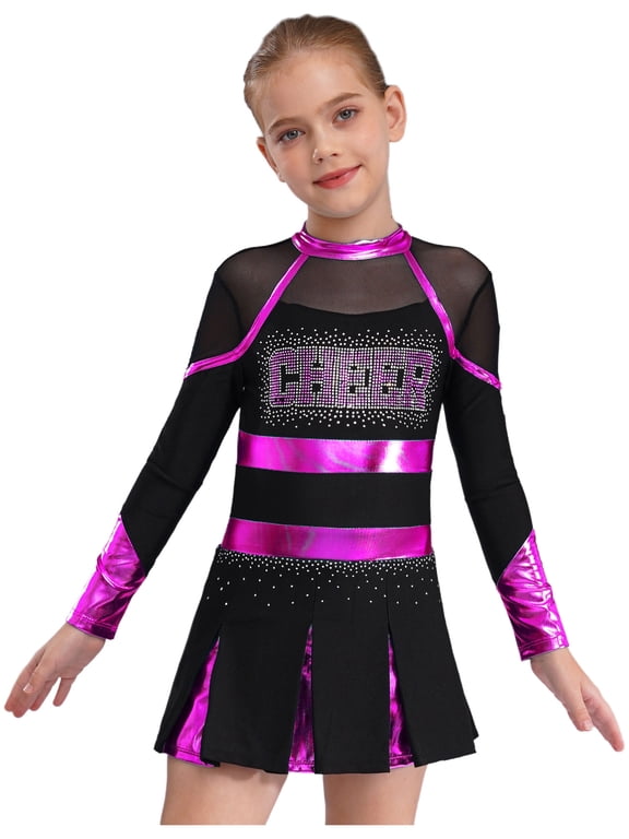 Cheer Leader Girls Cheerleading Uniform Complete Dress Black&Hot Pink 6