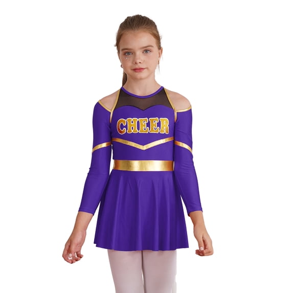 iiniim Cheer Leader Girls Contrast Color Cold Shoulder Cheerleading Uniform Dress Birthday Party Purple 12