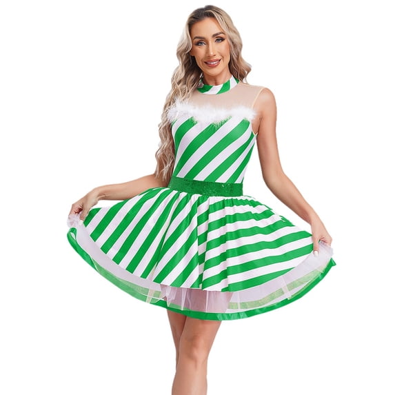 iiniim Christmas Candy Cane Dress Sequins Fancy Dress Up for Women Girls Green XL
