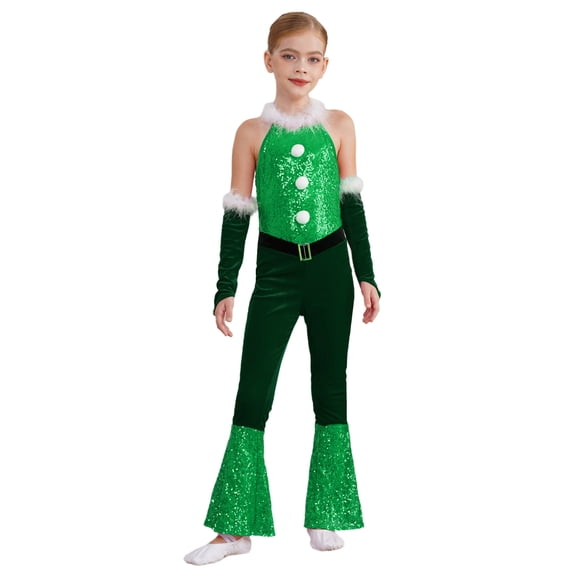 iiniim Girls Christmas Dance Performance Kids Xmas Party Show Jumpsuit Leotard with Arm Sleeve Green 12