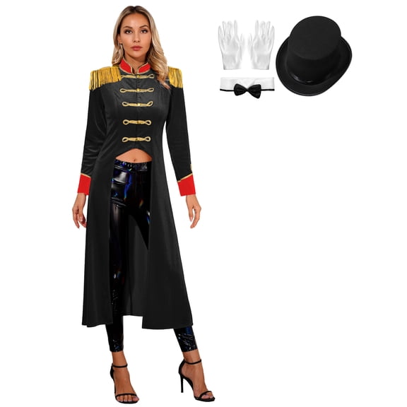 iiniim Circus Ringmaster Costume for Womens Showman Halloween Costume Velvet Magician Tailcoat Set Black A 3XL